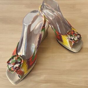 Ros Hommerson Multi Color Chevron Rosette Wedge Heel Open Toe Slingback Shoe